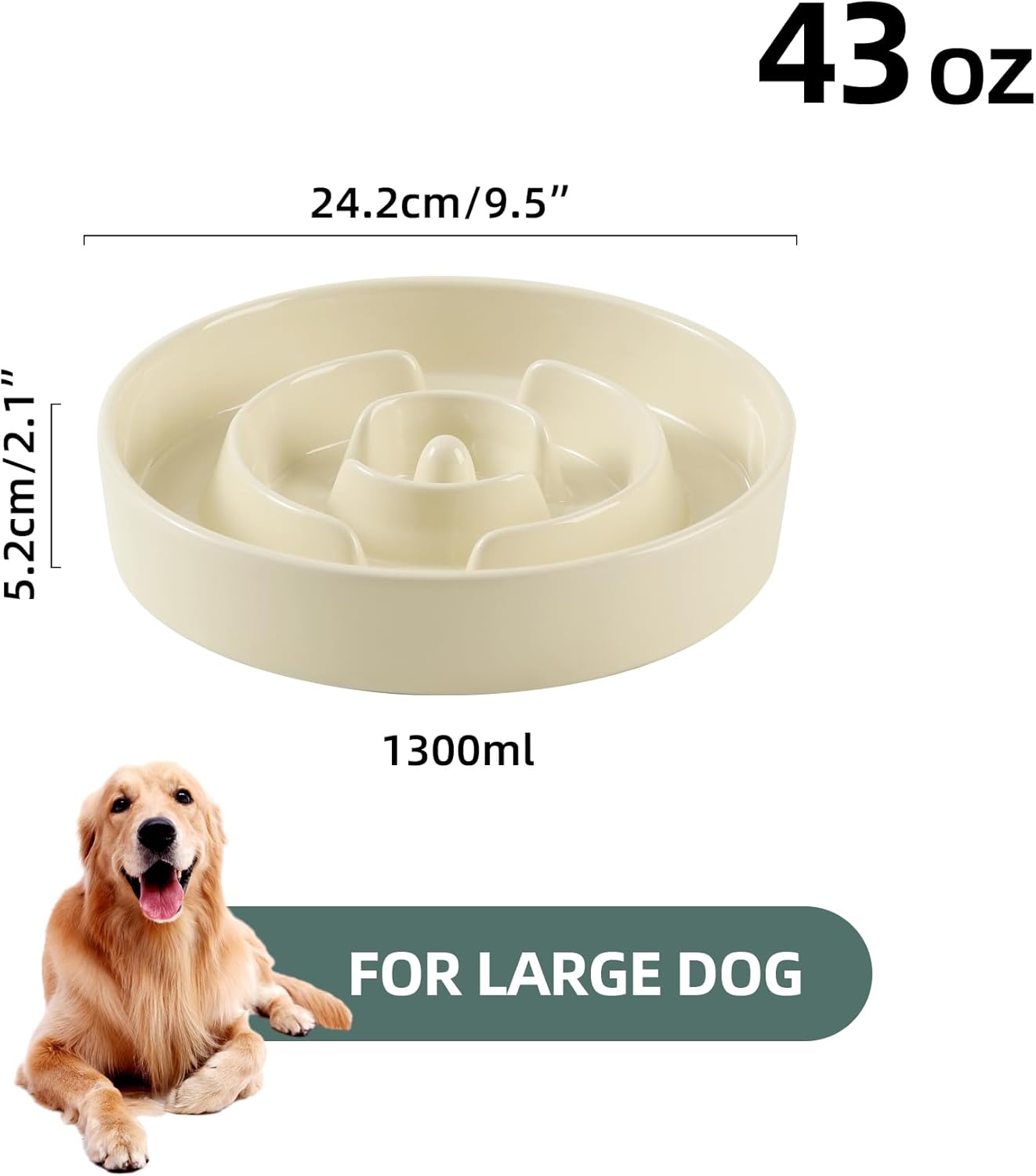 9.5inch Ceramic Slow Feeder Dog Bowl for Large Dog, Puzzle Food Dish, Anti-Gulping, Pet Slow Feeder, Stop Bloat, Preventing Choking (Single Bowl-Beige) - Pet Explorer