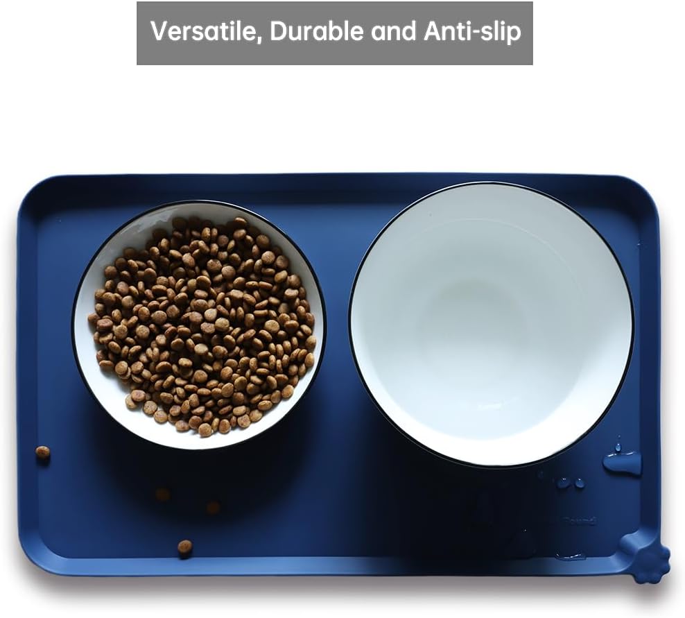 Hoki Found Silicone Pet Food Mats - Non Slip Dog Cat Bowl Placemats - Waterproof Dog Cat Food Mats - Suitable for Carpet - Indigo Ink - Pet Explorer