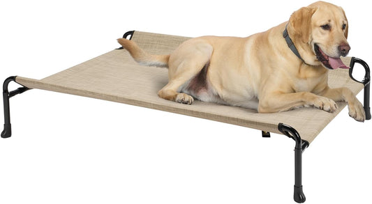 Veehoo Cooling Elevated Dog Bed - Raised for Large Dogs, Outdoor With Guardrail, Upgraded Non-Slip Feet, Breathable Teslin Mesh, Portable Camping Cot, 41 x 27 Inches, Beige Coffee - Pet Explorer