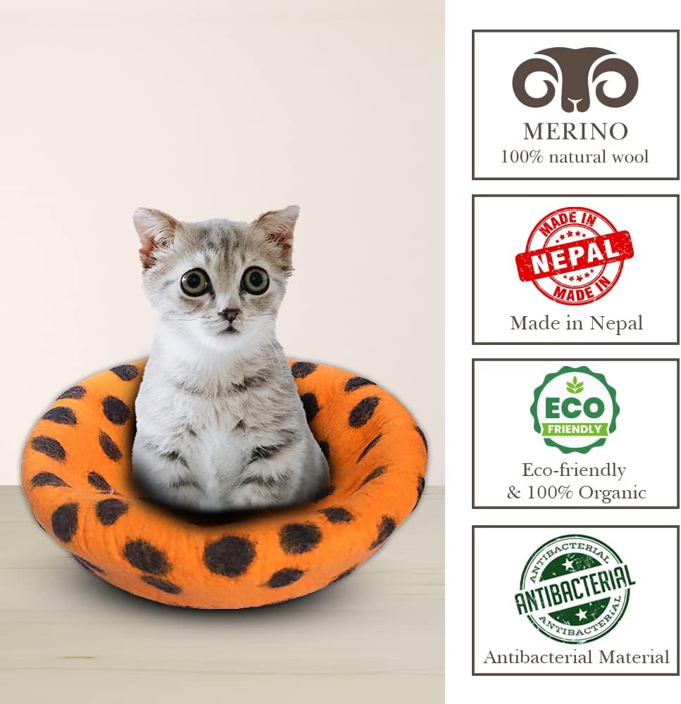 Woolygon Premium Felt Cat Cave Bed - Polka Dot Series - Wool Kitty Beds Handcrafted Kitten Caves Bed for Indoor Cats - Eco-Friendly Merino Wool, Foldable Cat Hideaway Cat Houses (Orange/Black Dots) - Pet Explorer