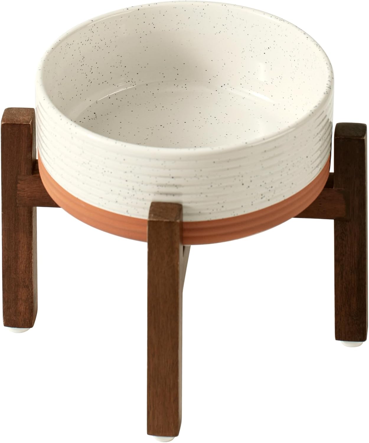 Ceramic 7.3inch Raised Dog Bowl Set, Elevated with Acacia Wood Stand, Food and Water Bowl for Medium Breed Dogs, Weighted Pet Dishes(41oz, Vanilla White) - Pet Explorer