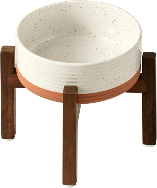 Ceramic 7.3inch Raised Dog Bowl Set, Elevated with Acacia Wood Stand, Food and Water Bowl for Medium Breed Dogs, Weighted Pet Dishes(41oz, Vanilla White) - Pet Explorer