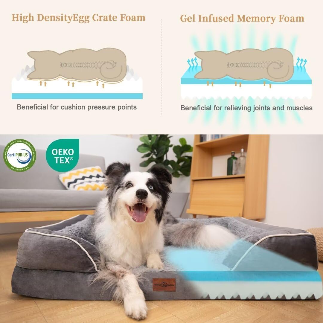 Comfort Expression Orthopedic Waterproof Dog Beds Memory Foam, XL Washable Dog Beds with Removable Cover, Large Pet Sofa Couch with Bolster(X-Large,Silver Grey) - Pet Explorer