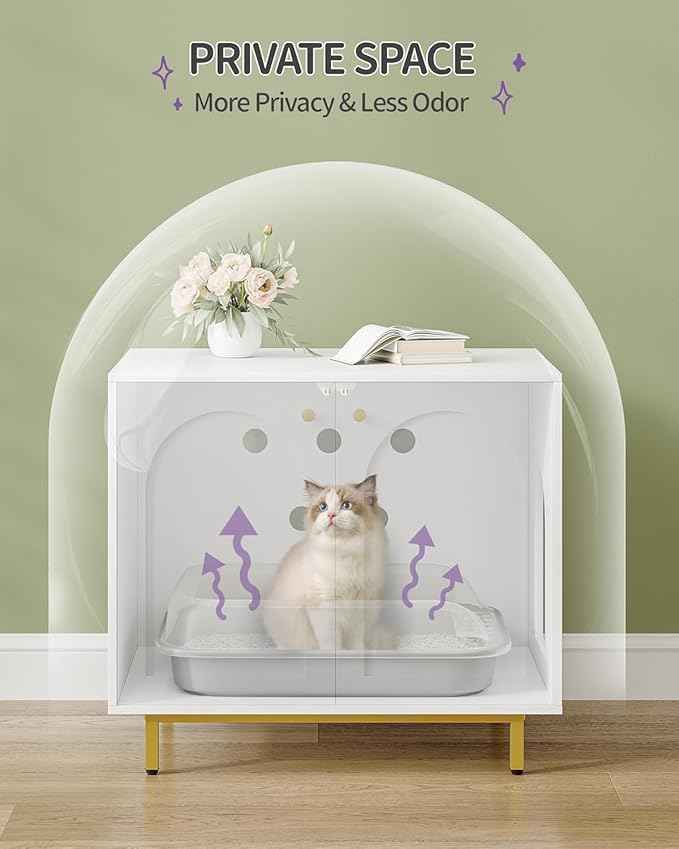 Cat Litter Box Enclosure, Hidden Litter Box Furniture Cabinet, Wooden Indoor Cat House, Side End Table, Living Room, Bedroom, White and Gold CB85003G