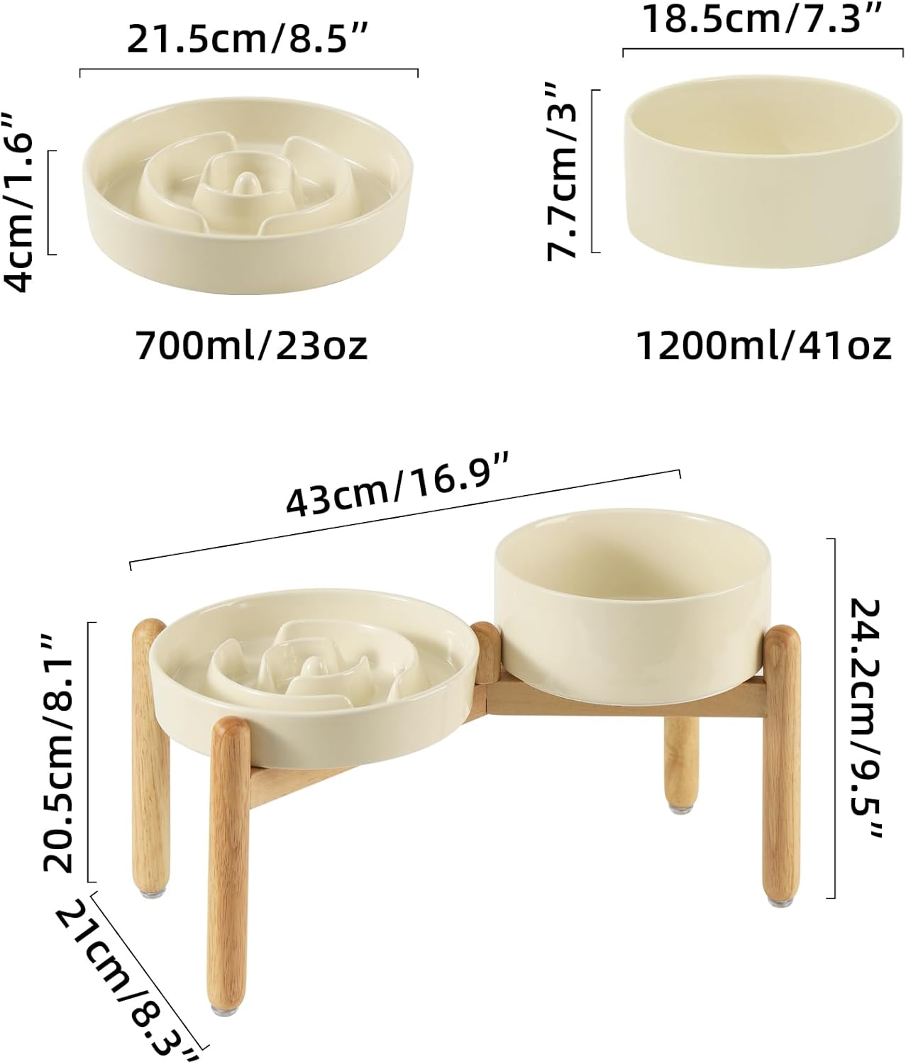 Ceramic Raised Slow Feeder Dog Bowl Set, Elevated 7.3inch Bowl and 8.2inch Puzzle Slow Dish with Wooden Stand for Medium and Large Dog, Anti-Gulping (2X Beige+ Stand) - Pet Explorer
