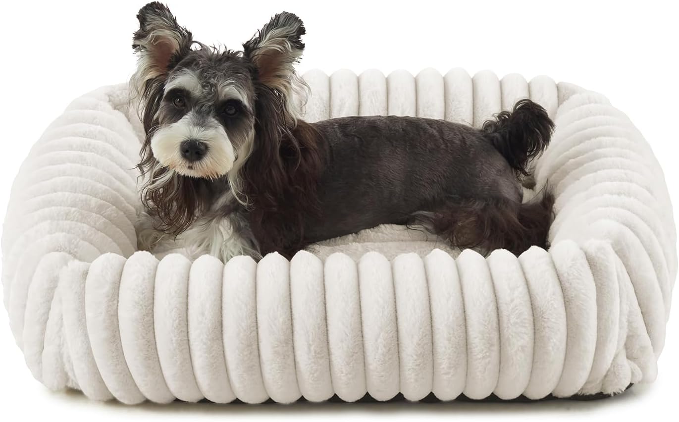 Dog Beds for Small Dogs, Washable Dog Bed with Removable Cover, Rectangle Soft Calming Sleeping Puppy Bed Durable Pet Cuddler with Anti-Slip Bottom, 20"x19"x6" Cream - Pet Explorer