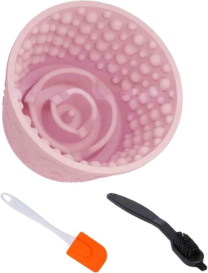 Dog Lick Bowl with Brush and Scraper, Anxiety Relief Silicone Slow Feeder Treat Dispenser, Anti-chocking Pet Dish, Non-Slip Interactive Entertainment Dog Puzzle Toy for Medium & Large-Pink