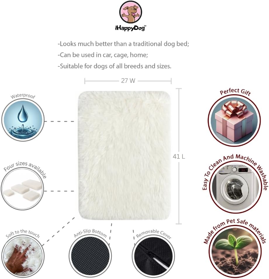 IHAPPYDOG Luxury Faux Fur Orthopedic Dog Beds, Memory Foam Crate Bed for Small, Medium, Large and XL Pets, Fluffy Pet Bed with Waterproof and Washable Cover, Fits Crates (White, 41"x27") - Pet Explorer