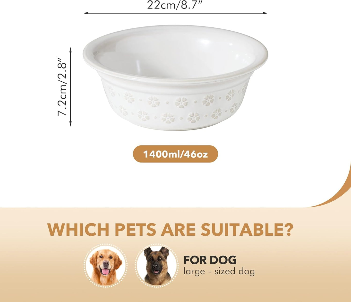Ceramic 8.7inch Dog Bowl for Large Dog, Basic Food and Water Bowl for Replacement, Wide Opening Rounded Edge(Single Bowls, Reactived Glaze -White) - Pet Explorer