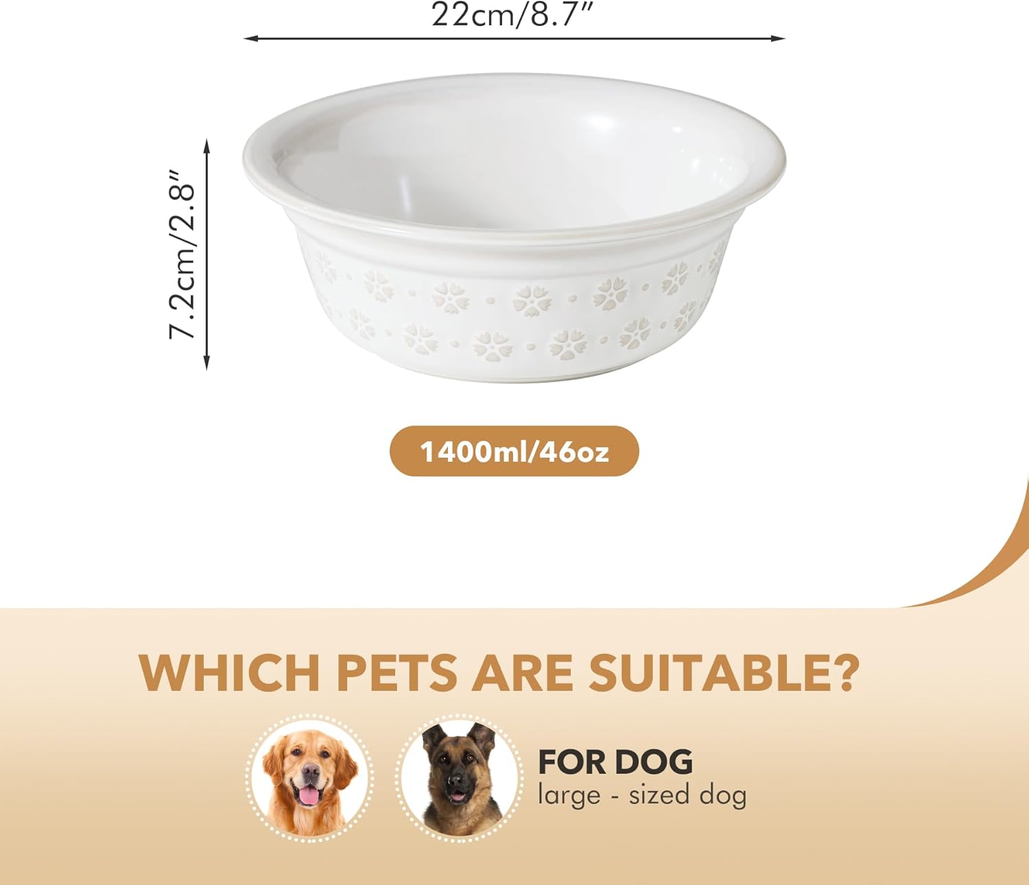 Ceramic 8.7inch Dog Bowl for Large Dog, Basic Food and Water Bowl for Replacement, Wide Opening Rounded Edge(Single Bowls, Reactived Glaze -White) - Pet Explorer