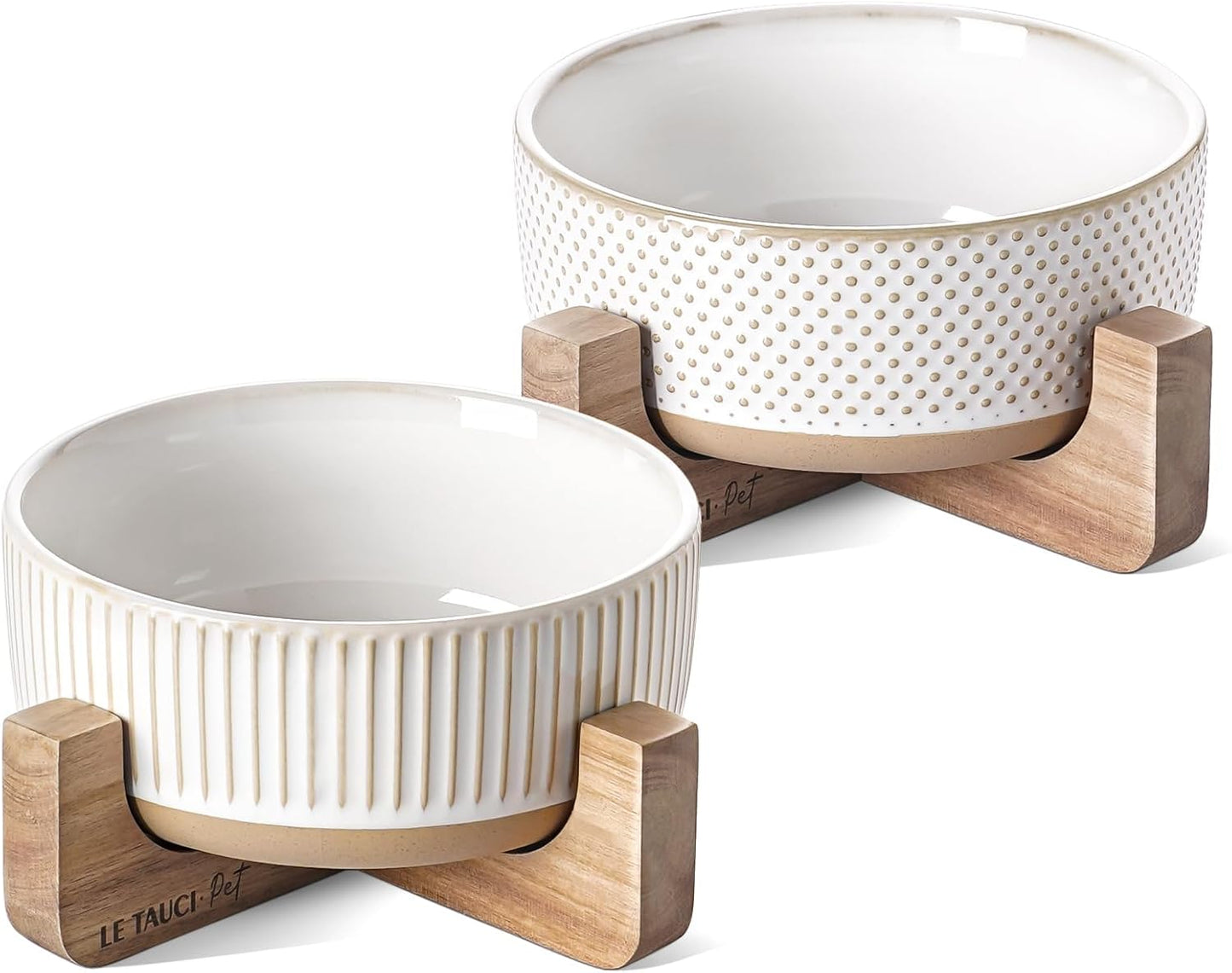 Ceramic Dog Bowls for Medium Small Dogs - 4 Cup Medium Dog Food and Water Bowls with Wood Stand, Cute Pet Dishes Set of 2, Lines+Dot - Pet Explorer