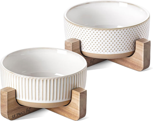 Ceramic Dog Bowls for Medium Small Dogs - 4 Cup Medium Dog Food and Water Bowls with Wood Stand, Cute Pet Dishes Set of 2, Lines+Dot - Pet Explorer