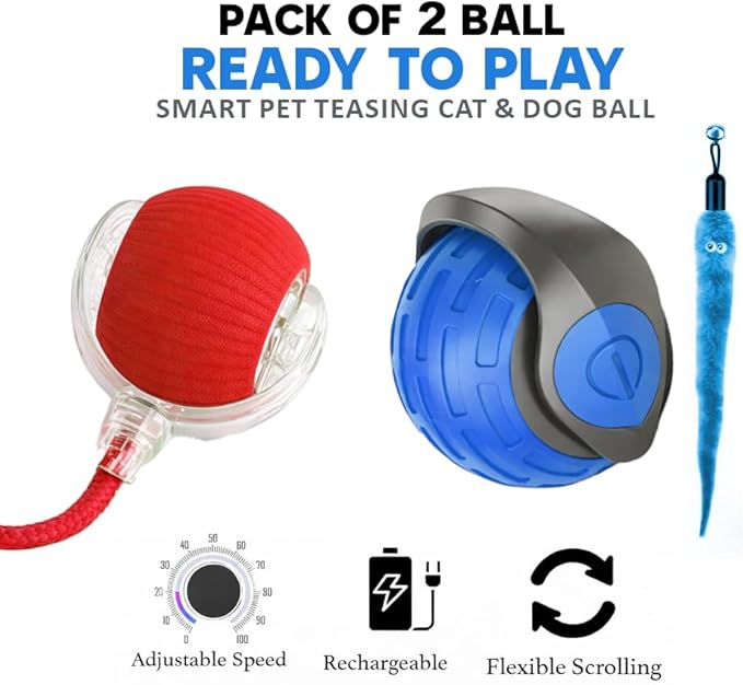 Interactive Cat Ball Toy – Smart Rolling Pet Ball with Obstacle Avoidance, USB Rechargeable, Cord Tail Design – Fun Enrichment Toy for Indoor Cats & Small Dogs (Blue + Red)