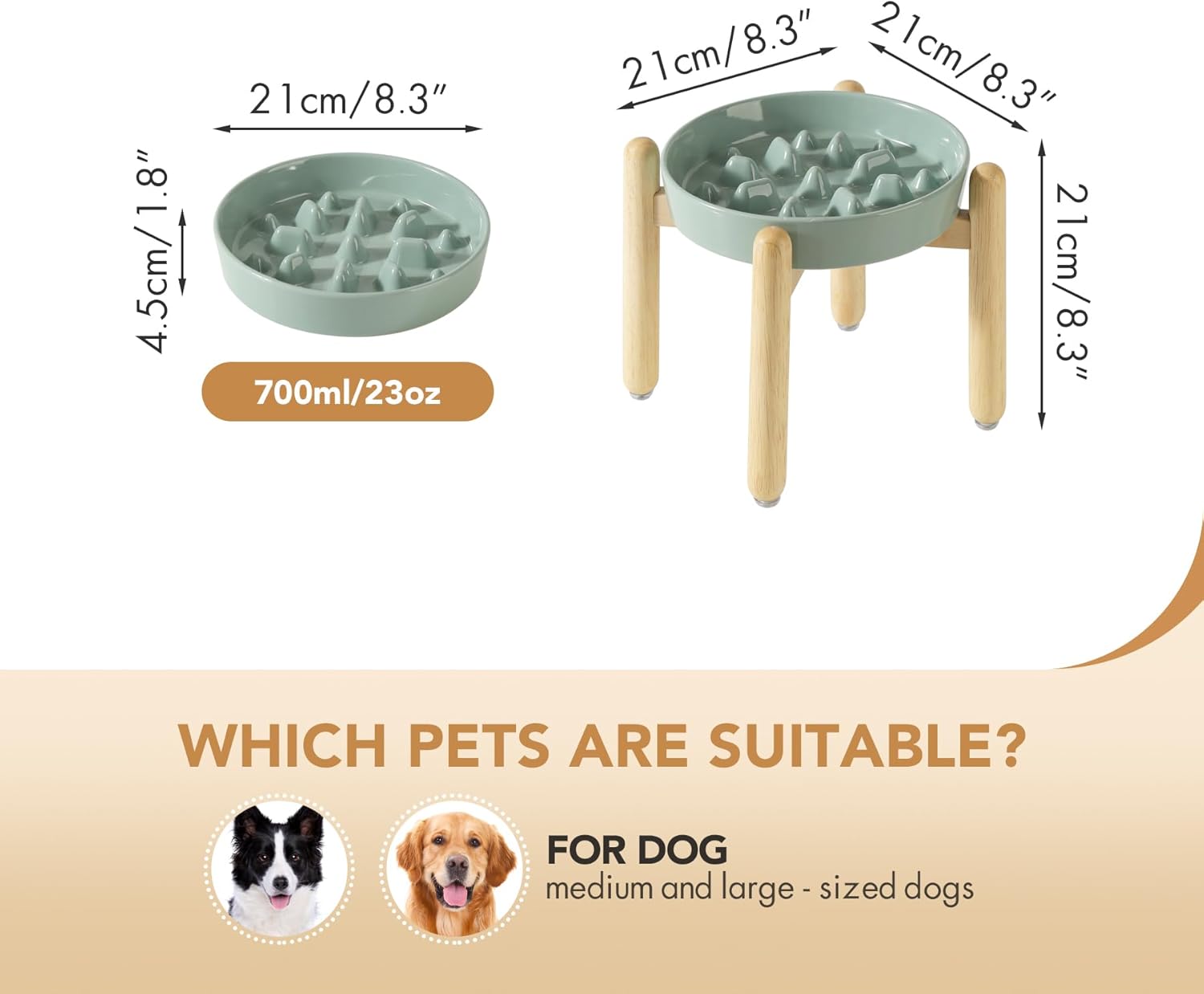 8.2inch Ceramic Dog Raised Slow Feeder Set, Elevated Bowl with Wooden Stand for Large and Medium Dog, Slow Feeder Dish for Fast Easters, Stop Bloat(Light Green, Single Bowl+ Stand) - Pet Explorer