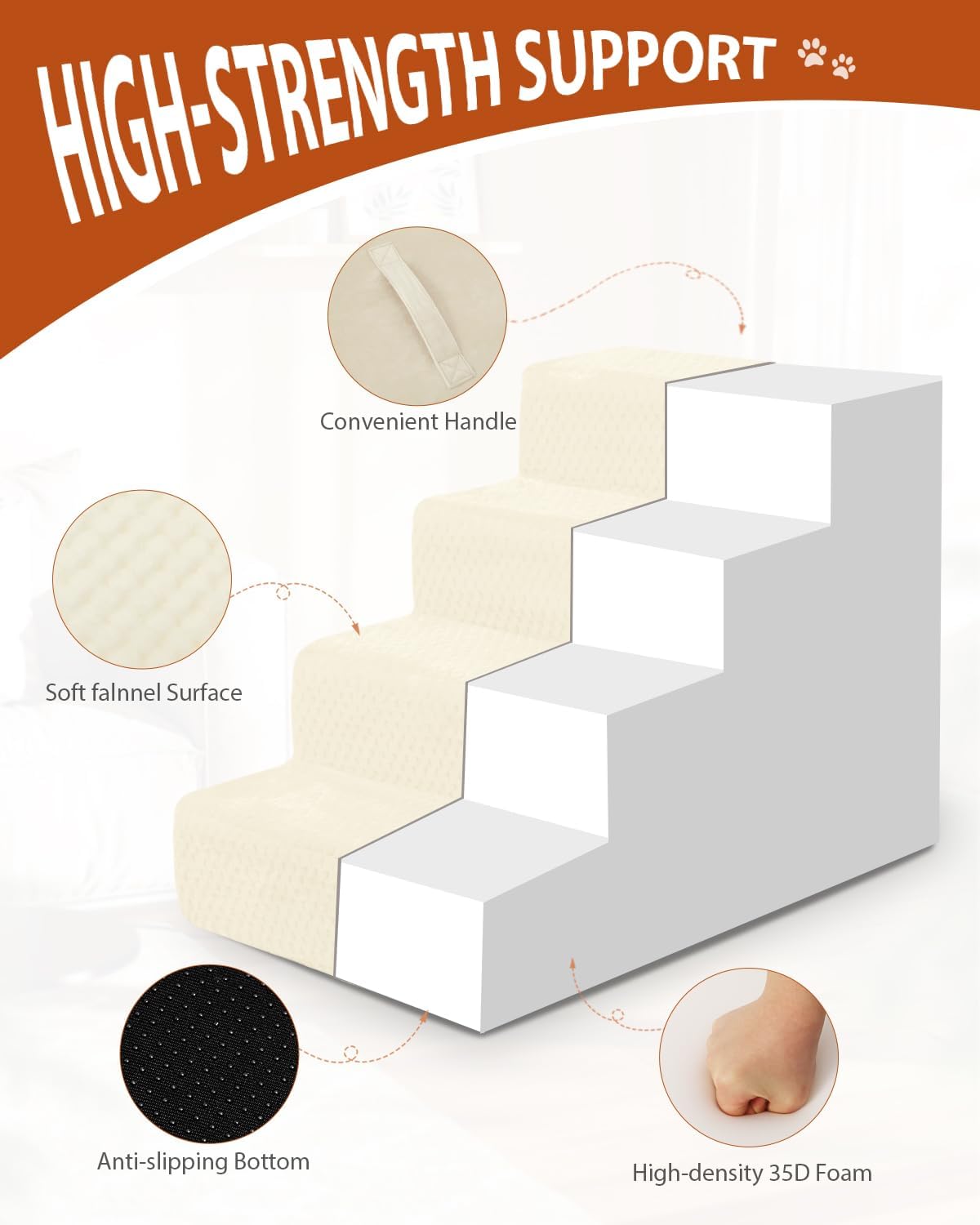 Dog Stairs for Small Dogs,22" H,5-Step Dog Steps for High Bed Couch and Sofa,Pet Stairs for Dogs and Cats Climbing with Non-Slip Bottom and Washable Cover,Beige - Pet Explorer