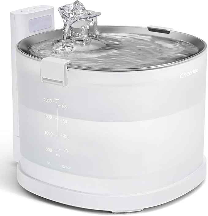 Cheerble Pumpless Cat Water Elfin Fountain, Wireless Pet Fountain Battery Operated, 2L/67oz E1+ Automatic Water Dispenser Cats & Dogs MagDrive™ Technology Stainless Steel Tray, No Cleaning Hassle