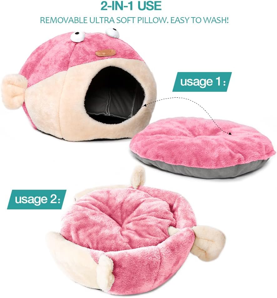 Cat Beds for Indoor Cats - Cat Bed Cave with Removable Washable Cushioned Pillow, Soft Plush Premium Cotton No Deformation Pet Bed, Lively Pufferfish Cat House Design, Pink, Multiple Sizes(L) - Pet Explorer