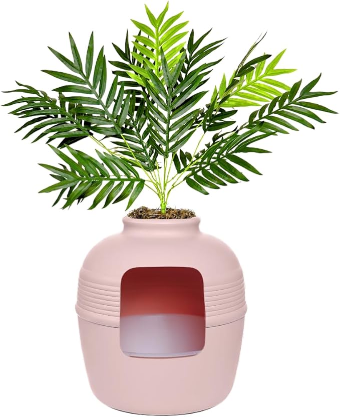 Good Pet Stuff Hidden Litter Box Planter, Decorative Cat Litter Enclosure with Carbon Filter, Artificial Plant, Easy Clean, Removable Liner, Round Style, Essentials Kit, Blush Pink
