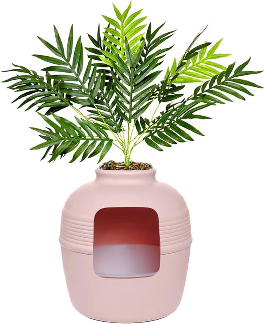 Good Pet Stuff Hidden Litter Box Planter, Decorative Cat Litter Enclosure with Carbon Filter, Artificial Plant, Easy Clean, Removable Liner, Round Style, Essentials Kit, Blush Pink