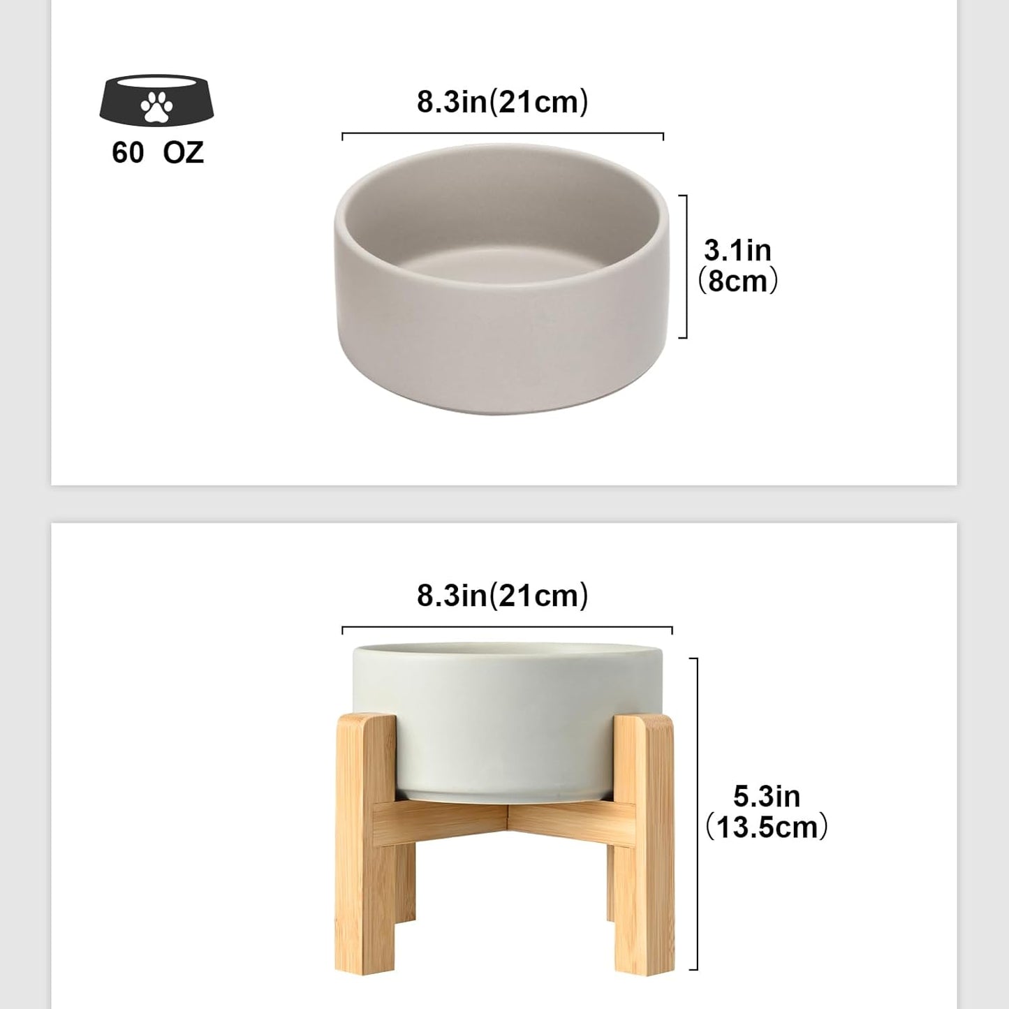 SPUNKYJUNKY Ceramic Elevated Dog Bowls 2 Pack - 8.3inch Raised Dog Bowls with Non-Slip Wooden Stand for Large Dogs Dishwasher Safe(Grey,60OZ*2) - Pet Explorer
