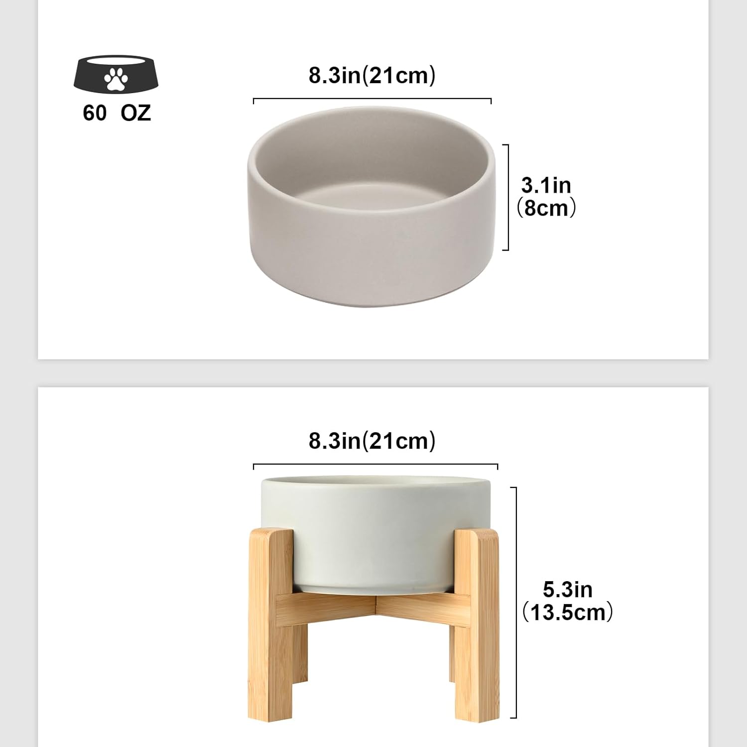 SPUNKYJUNKY Ceramic Elevated Dog Bowls 2 Pack - 8.3inch Raised Dog Bowls with Non-Slip Wooden Stand for Large Dogs Dishwasher Safe(Grey,60OZ*2) - Pet Explorer