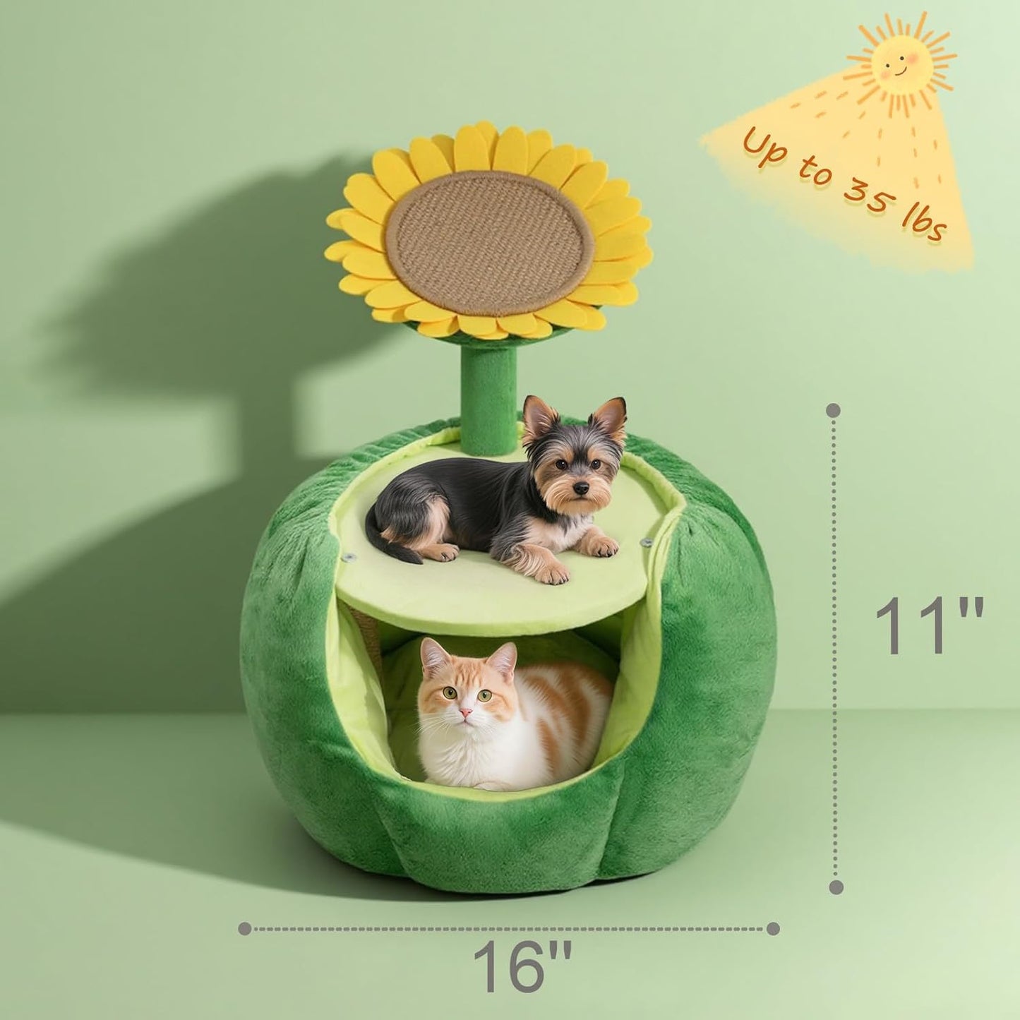 Cat Houses for Indoor Cats, Small Cat Tree with Sisal Mat and Plush Perch, Cute Cat Bed Cave with Soft Pillow, Sunflower Design - Pet Explorer