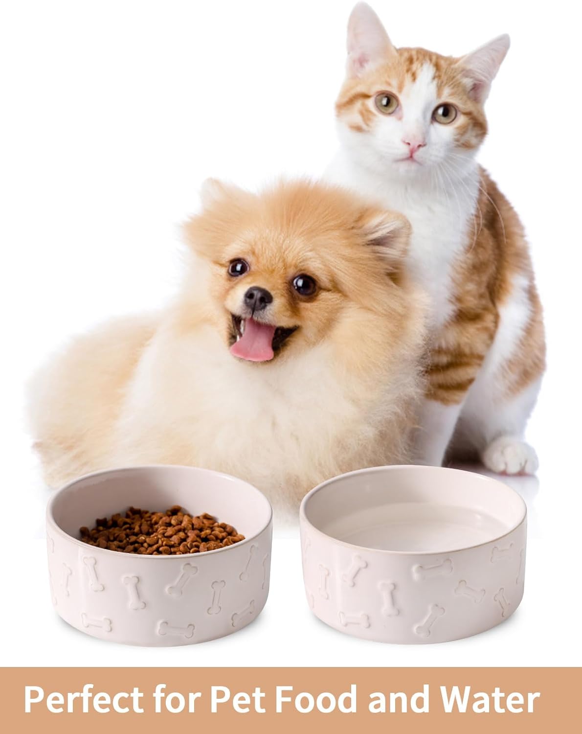 UBEE Ceramic Dog Bowl Set of 2, 5.1 inch Dog Food Bowl with Bone Pattern, Pet Food Water Dish Feeding for Small Dogs and Large Cat, White - Pet Explorer