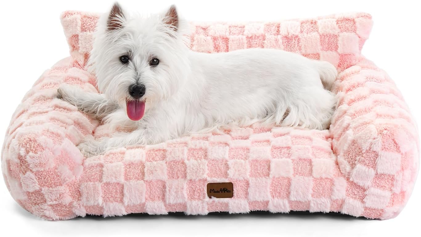 Made4Pets Cat and Dog Couch Bed, Soft Faux Fur Checkered Pet Sofa, Cozy Fluffy Pet Sofa with Supportive Foam, Removable Washable Cover with Non-Slip Base, Pink, Medium - Pet Explorer
