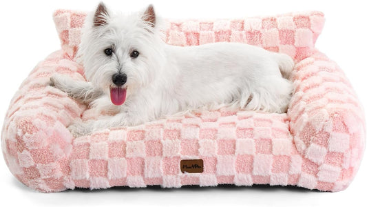 Made4Pets Cat and Dog Couch Bed, Soft Faux Fur Checkered Pet Sofa, Cozy Fluffy Pet Sofa with Supportive Foam, Removable Washable Cover with Non-Slip Base, Pink, Medium - Pet Explorer