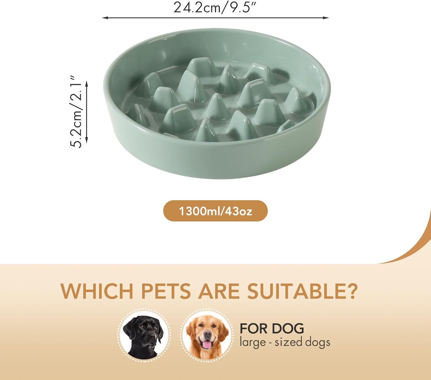 Ceramic 9.5 inch Dog Bowl Slow Feeder, Slow Pet Food Dish for Large Dog, Stop Bloat, Preventing Choking(Single Bowl,Light Green) - Pet Explorer