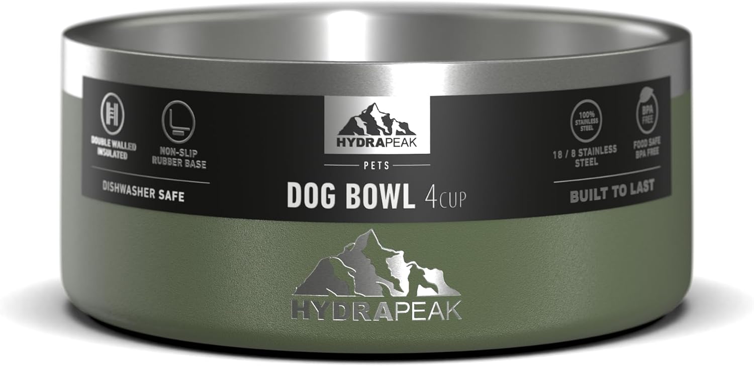 Hydrapeak Dog Bowl; Non Slip Stainless Steel; Water and Food Dish; Large Sized and Small Dogs; 32oz 64oz; Multiple Sizes; 4 Cup | Sage Leaf - Pet Explorer