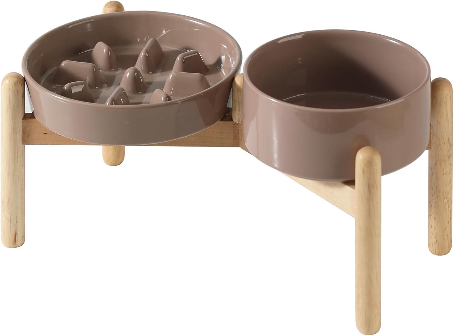 Ceramic Raised Slow Feeder Dog Bowl Set, Elevated 6.1inch Bowl and 7.3inch Slow Pet Food Dish with Wooden Stand for Small and Medium Dog (2 x Brown Coffee+ Stand) - Pet Explorer