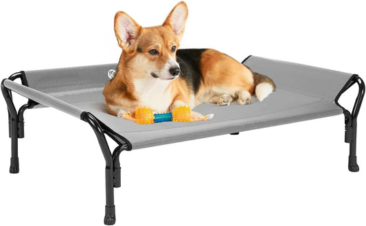 Veehoo Cooling Elevated Dog Bed, Raised Pet Cot with Guardrail & Slope Headrest, Durable Breathable Teslin Mesh, Non-Slip Feet, Washable Dog Couch Bed for Indoor & Outdoor, Medium 39.5" x 28", Gray - Pet Explorer