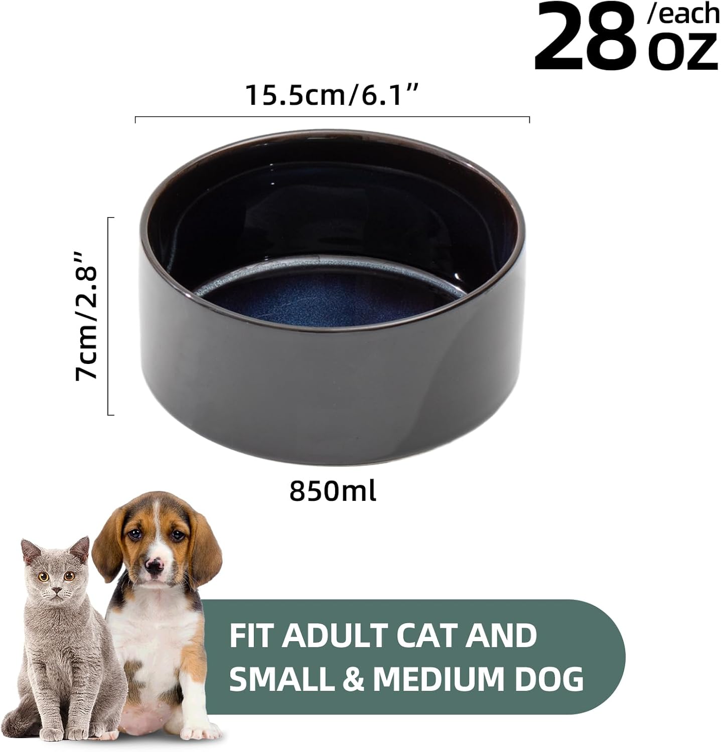 Ceramic 6.1inch Dog Bowls for Small and Medium Breed Dog Dish Pet Food and Water Bowl (Set of 2 Bowls - Starry Sky, 28oz) - Pet Explorer