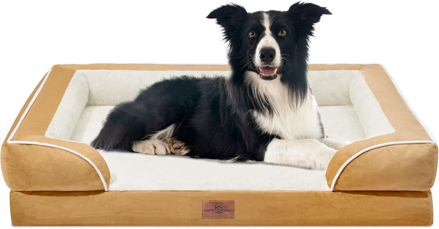 Comfort Expression Large Dog Beds Waterproof, Orthopedic Dog Beds for Large Sized Dogs, Comfy Pet Bed Sofa with Washable Removable Cover & Non-Slip Bottom(Khaki) - Pet Explorer