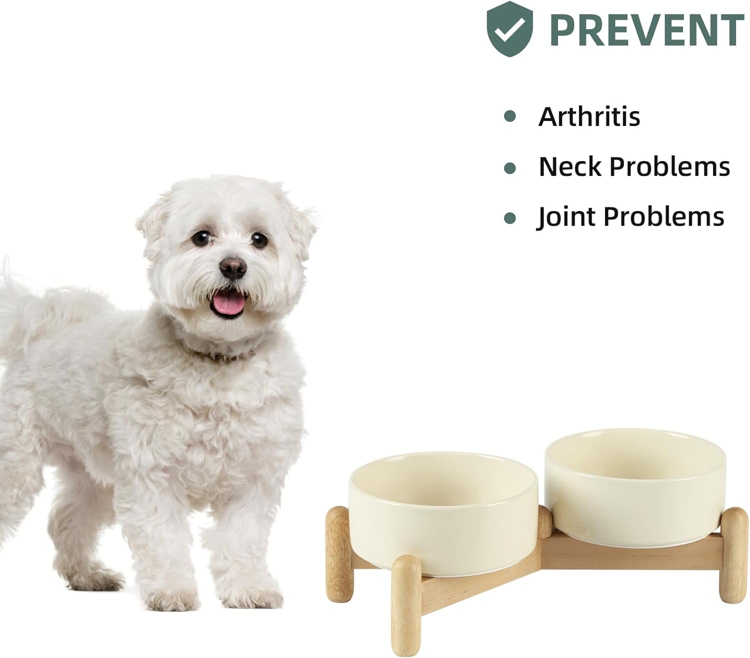 Ceramic 5.1inch Raised Double Bowls Set with Wooden Stand, Elevated Food & Water Bowls for Small Breed Dogs, Cats, Kitty, Weighted Dog Dishes, Pet Bowls(13.5oz, Beige) - Pet Explorer
