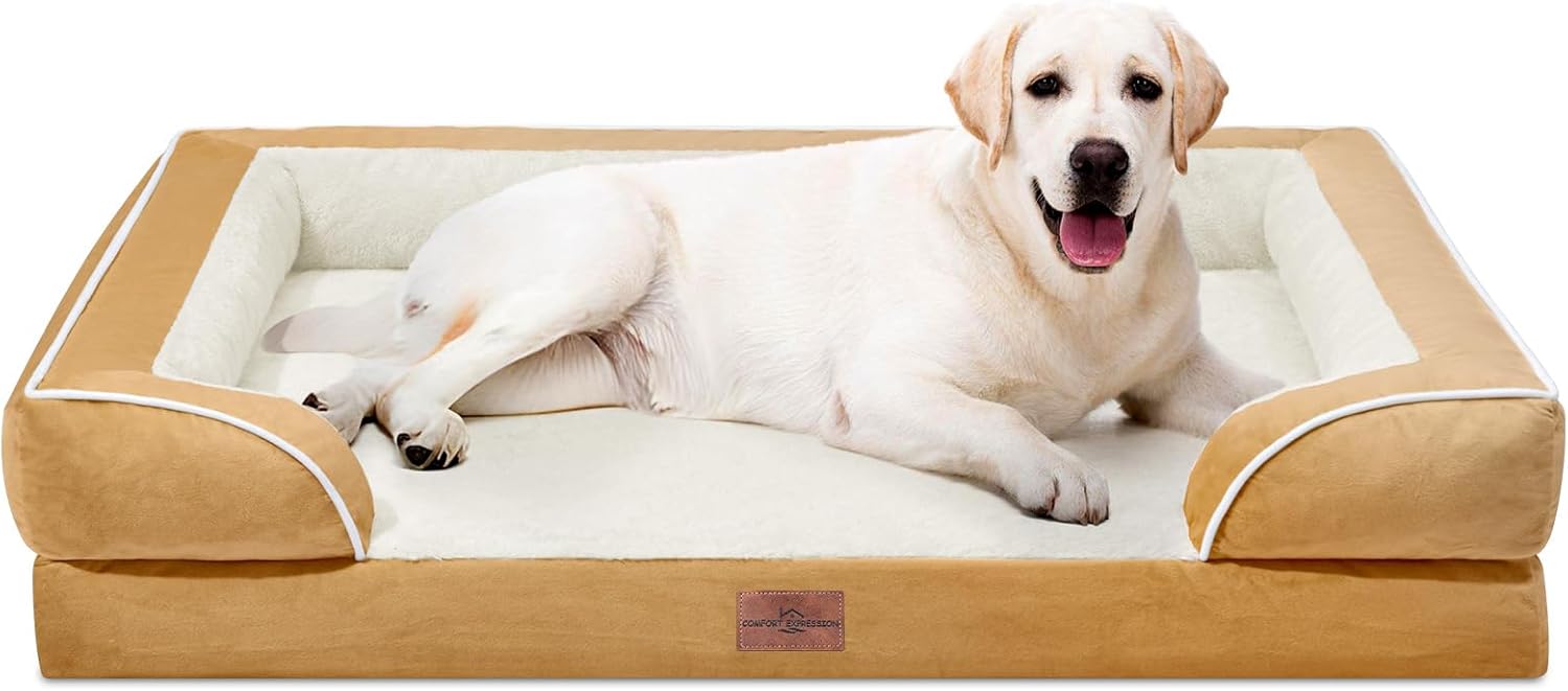 Comfort Expression Jumbo Dog Beds Orthopedic Foam, Waterproof Dog Beds for Jumbo Breed Dogs, PV Washable Dogs Sofa Couch with Removable Cover & Non-Slip Bottom(Khaki) - Pet Explorer