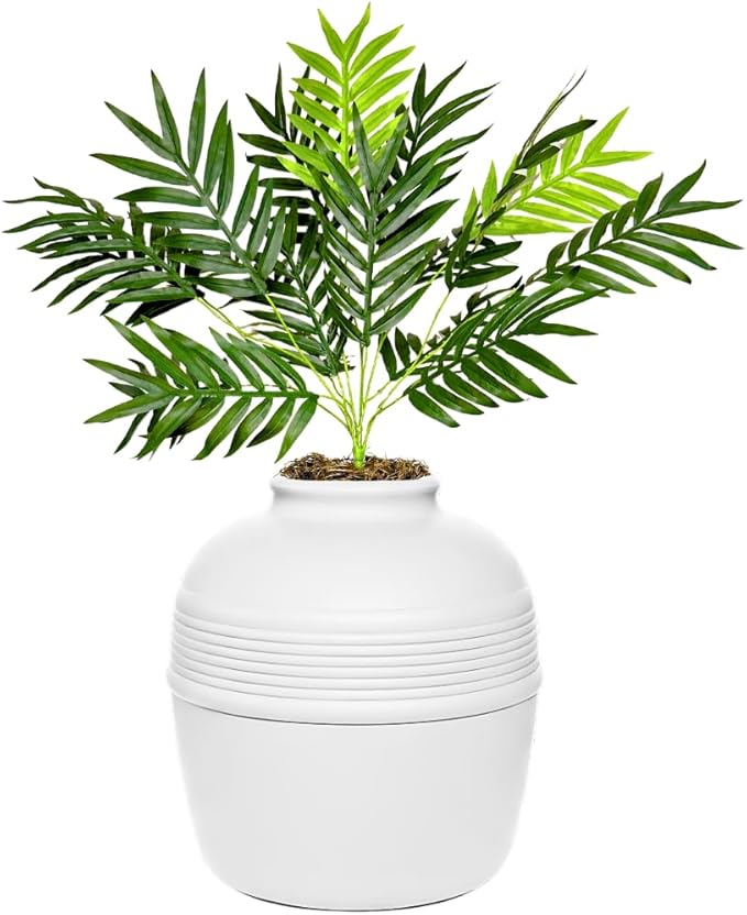 Good Pet Stuff Hidden Litter Box Planter, Decorative Cat Litter Enclosure with Carbon Filter, Artificial Plant, Easy Clean, Removable Liner, Round Style, Essentials Kit, Classic White