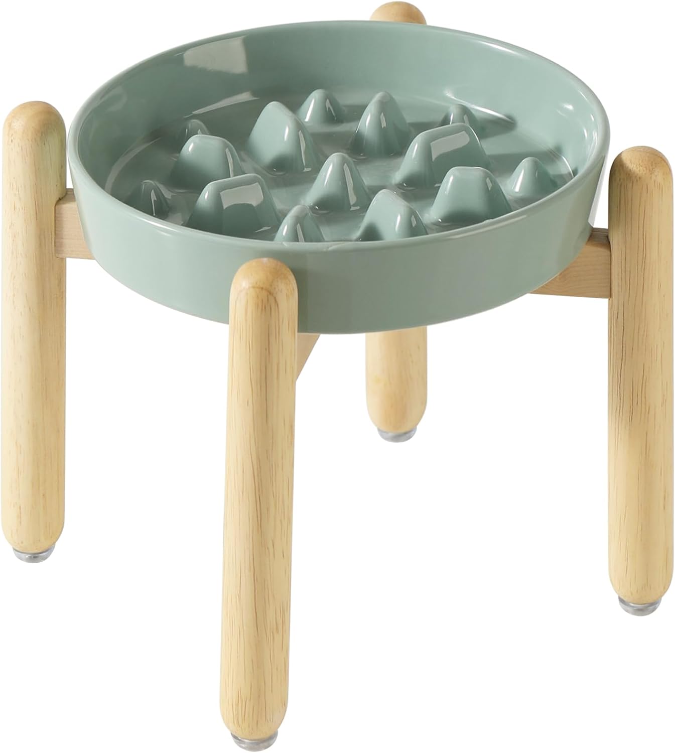 9.5inch Ceramic Dog Raised Slow Feeder Set, Elevated Bowl with Wooden Stand for Large Dog, Slow Feeder Dish for Fast Easters, Stop Bloat(Light Green, Single Bowl+ Stand) - Pet Explorer