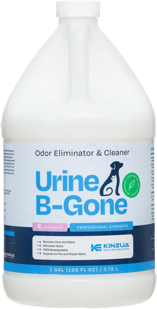 KINZUA ENVIRONMENTAL Urine B-Gone, Professional Enzyme Odor Eliminator & Pet Stain Remover, Human, Cat & Dog Urine Cleaner, Effective on Laundry, Carpets & More, Lavender Scent, 1 Gallon - Pet Explorer
