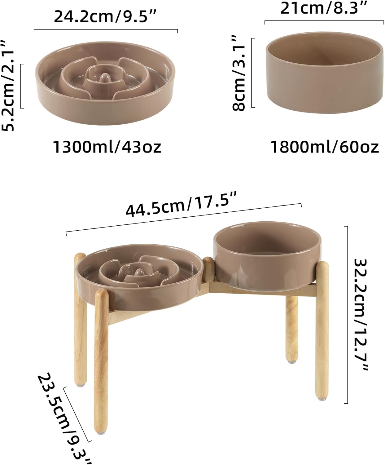 Ceramic Raised Slow Feeder Dog Bowl Set, Elevated 8.2inch Bowl and 9.5inch Puzzle Slow Food Dish with Wooden Stand for Large Dog, Anti-Gulping (2X Brown Coffee+ Stand) - Pet Explorer
