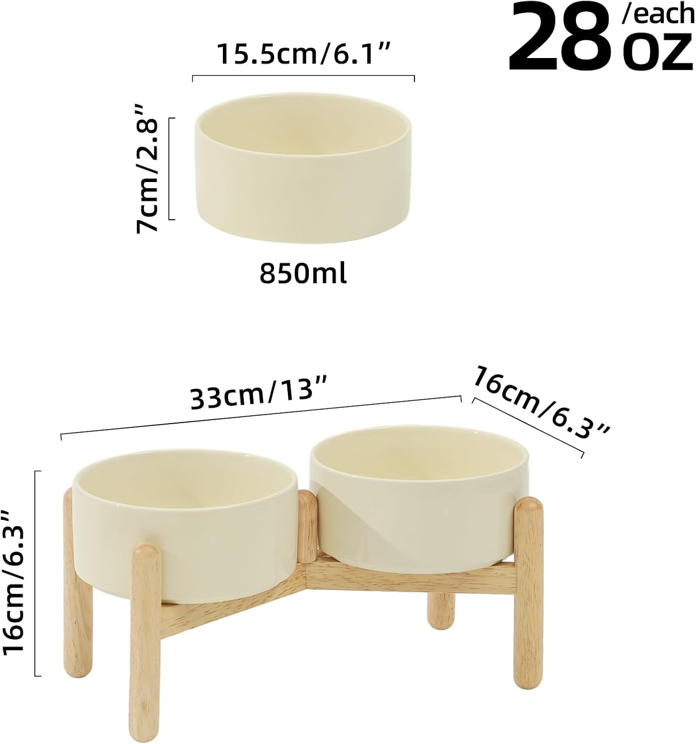 Ceramic 6.1inch Raised Dog Bowl with Stand for Small and Medium Breed Dog Dish Pet Food and Water Bowl (Double Bowl with Stand - Beige, 28oz) - Pet Explorer