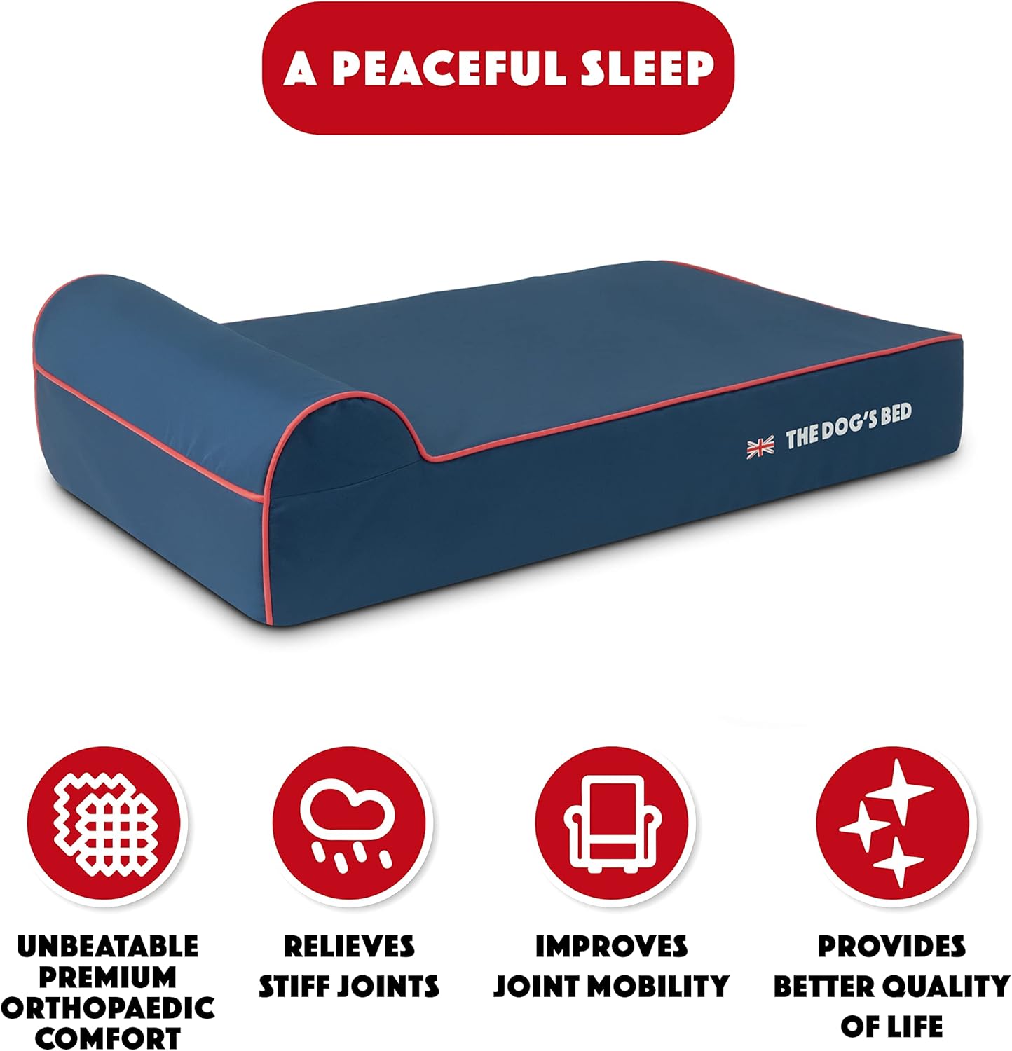 The Dog’s Bed Orthopedic Headrest Dog Bed Large Blue Oxford with Red Trim UK Flag Dog Bed 40x25, Memory Foam, Hip & Elbow Dysplasia, Post Surgery Veterinary Approved, Waterproof Washable Cover - Pet Explorer