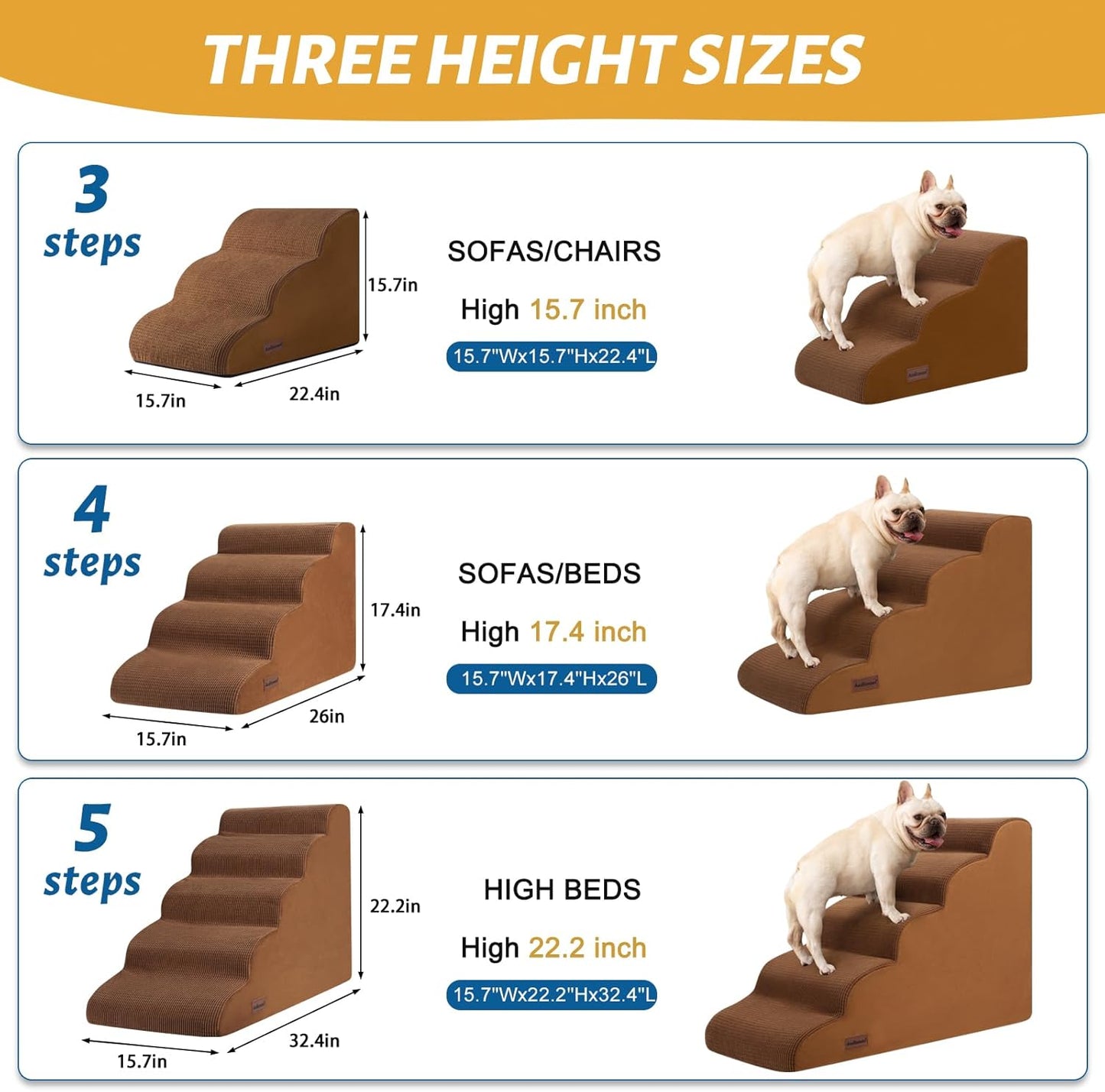 4-Step Dog Stairs and Ramp for Beds or Couches – Non-Slip Sturdy Pet Steps for Small Dogs and Cats,17.4" H,Brown - Pet Explorer