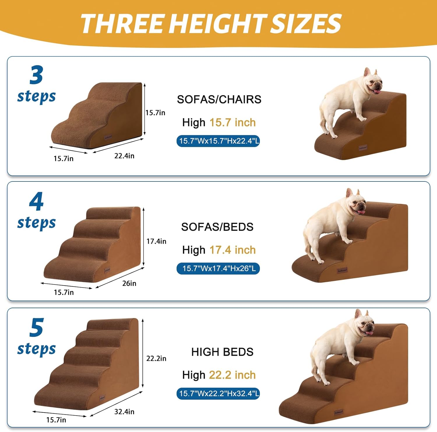 4-Step Dog Stairs and Ramp for Beds or Couches – Non-Slip Sturdy Pet Steps for Small Dogs and Cats,17.4" H,Brown - Pet Explorer