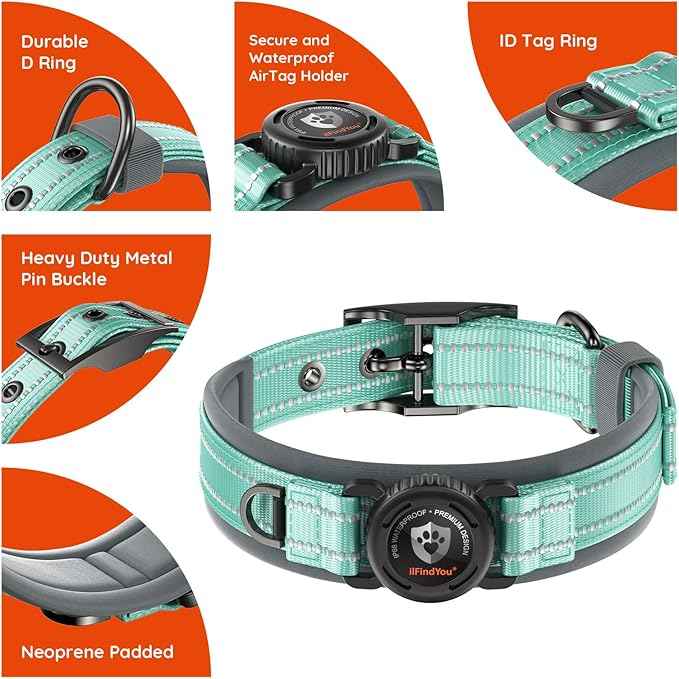 Upgraded AirTag Dog Collar with Holder, Waterproof Reflective Air Tag Dog Collar with Widened Comfortable Padding & Ultra-Durable Metal Buckle, Adjustable for Extra Large Dogs (XL, Cyan)