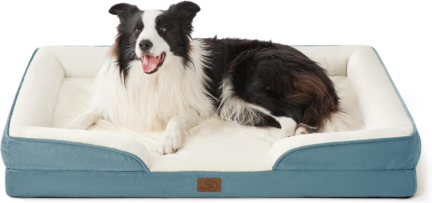 Bedsure Orthopedic Dog Beds Large Sized Dog - Washable Large Dog Cat Bed Waterproof, Comfort Dogs Couch Sofa with Washable Removable Cover, Pet Bed with Nonskid Bottom, Dune Haze Blue, 35" - Pet Explorer