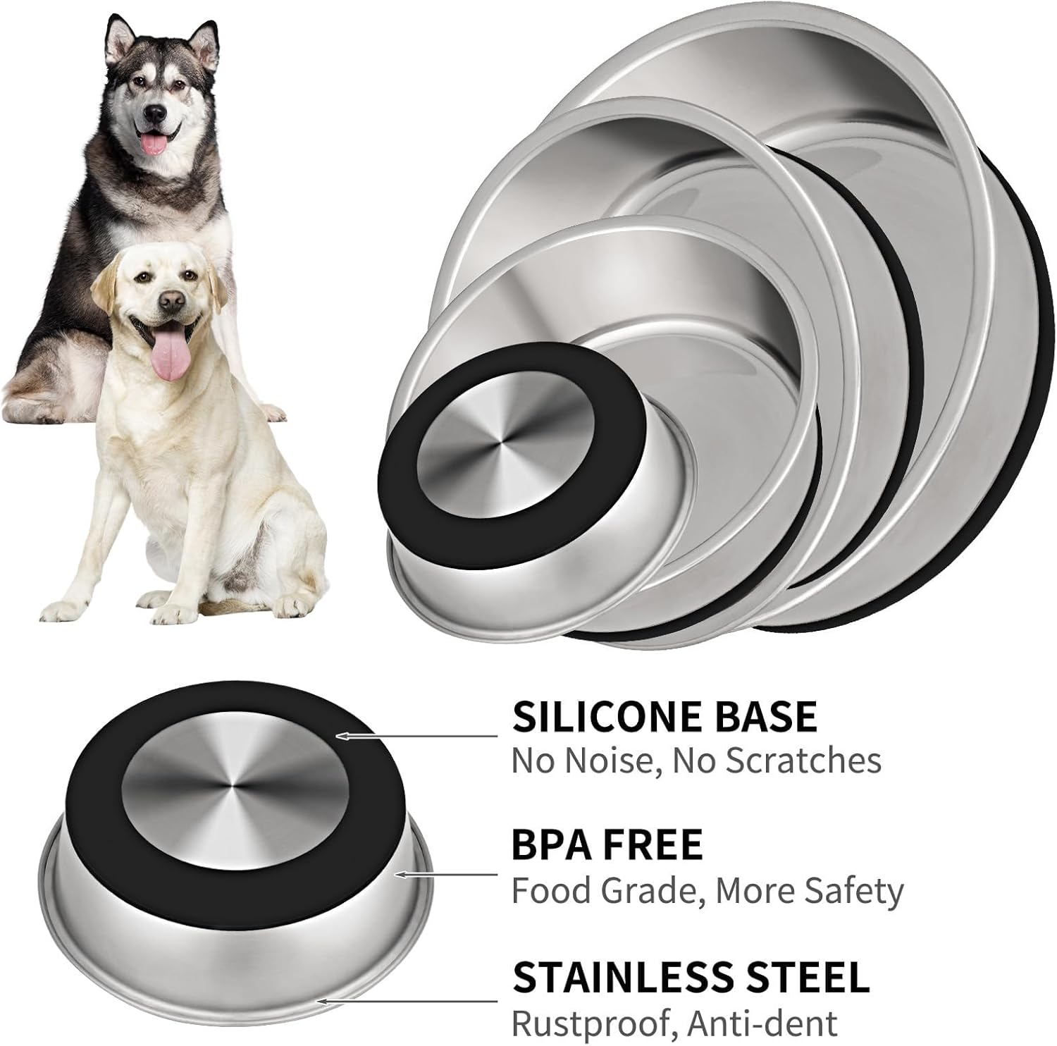 Taglory 11 Cup Stainless Steel Dog Bowls Set of 2 for Food and Water, Silicone Base Anti-Slip, Rust Resistant, Extra Thick Metal Bowls for Large Dogs, 84oz, Black - Pet Explorer