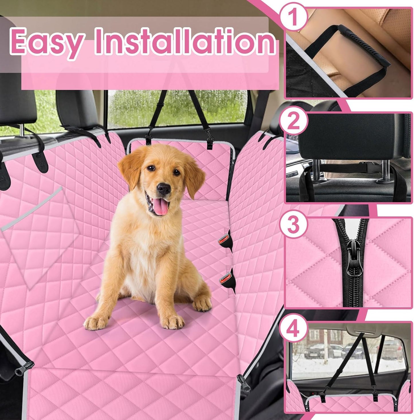 Waterproof Dog Car Seat Cover for Back Seat - Durable, Scratch Proof Pet Hammock with Nonslip Design & Storage Pockets, Fits Cars, SUVs, Trucks - S, Pink/Grey - Pet Explorer