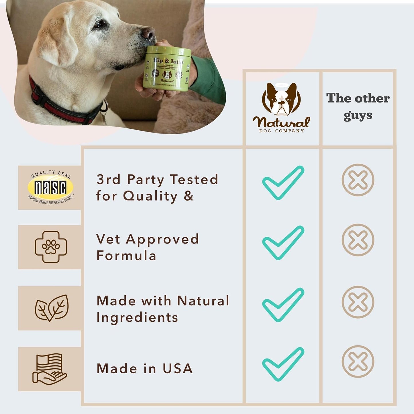 Natural Dog Company Hip & Joint Chews, Chicken Liver & Turmeric Flavor, with Glucosamine Chondroitin for Dogs, Maintains Bone and Joint Health, Supplements for Seniors and Puppies, 90 Count - Pet Explorer